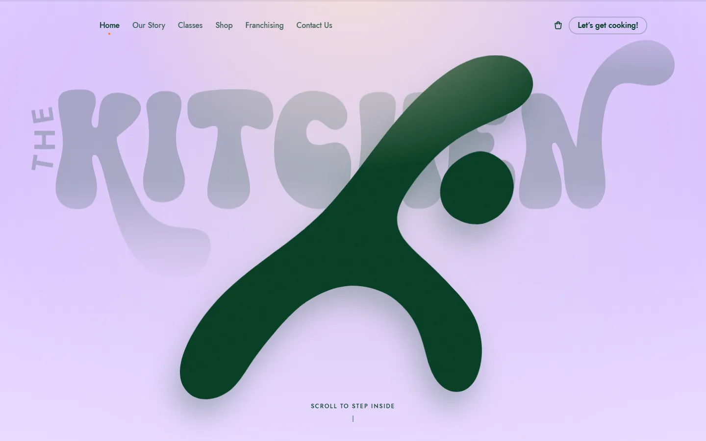 The home page of the website built for The Kitchen Pilates Studio: a lilac ground with a large green figure